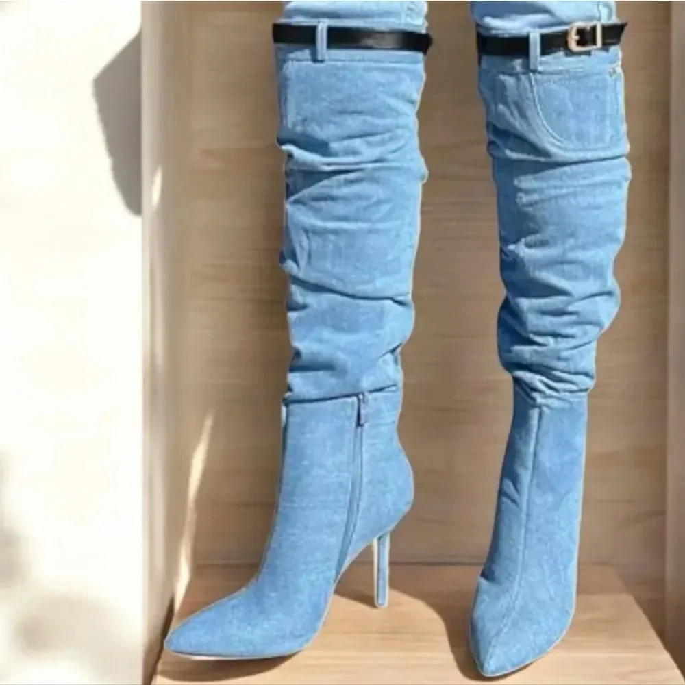 BRAND NEW SHOEDAZZLE BUCKLE OVER THE KNEE STILETTO HEEL WOMENS SLOUCH BOOTS